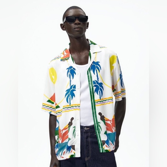 Zara Other - NEW Zara Mens Tropical Beach Print Short Sleeve Shirt - White / Multicolor - M